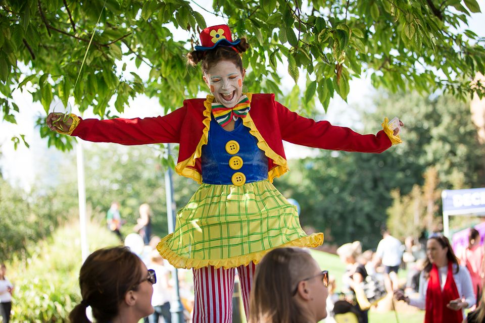 Stilt walker performing at a Toronto event